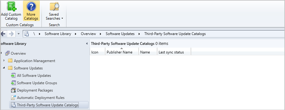 Screenshot of the Third-Party Software Update Catalogs node with the More Catalogs icon in the ribbon