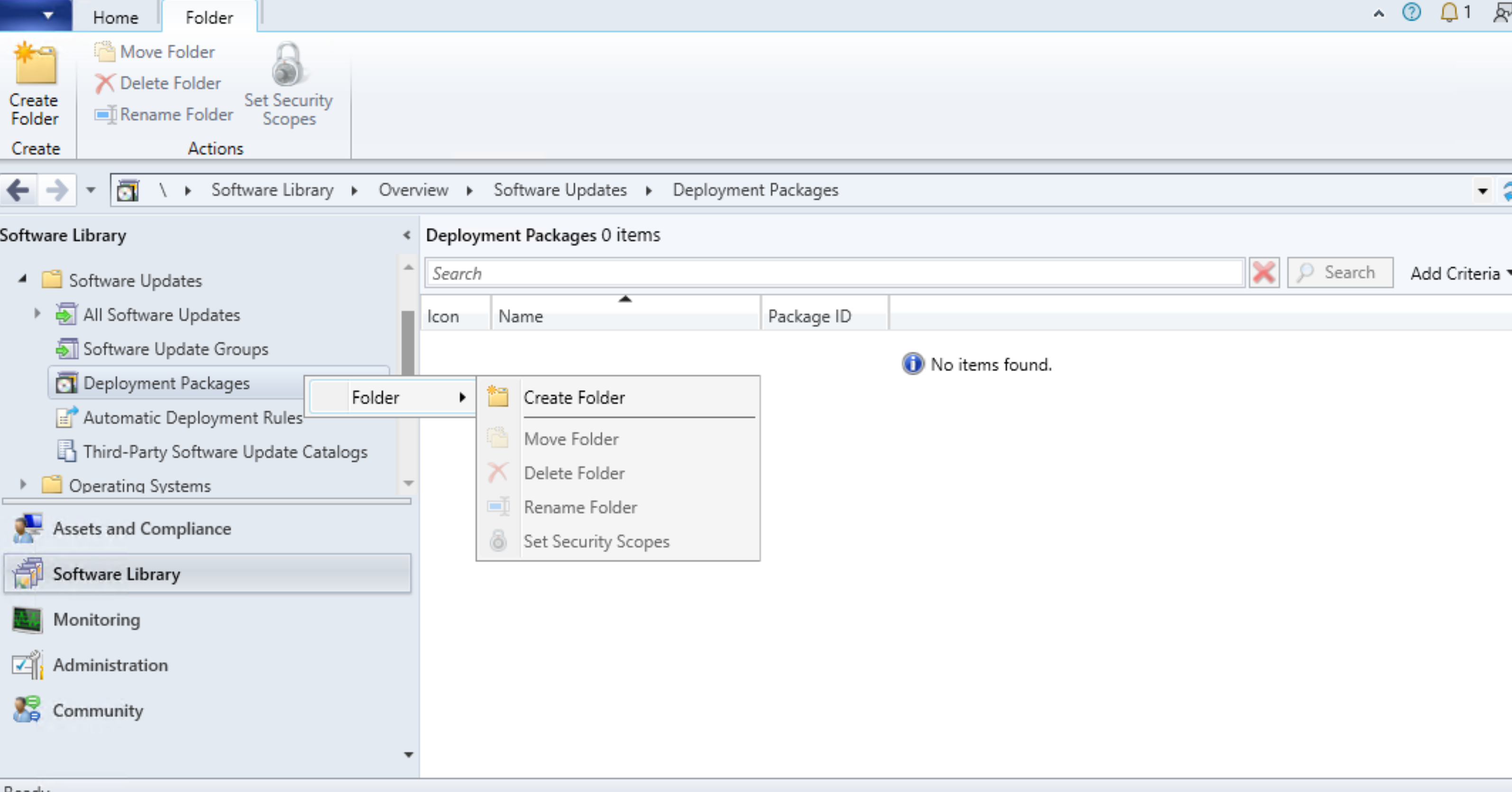 Screenshot of right-click menu displaying folder options for the Deployment Packages node.