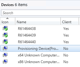 The Devices node in the Configuration Manager console sorted by the Icon column.