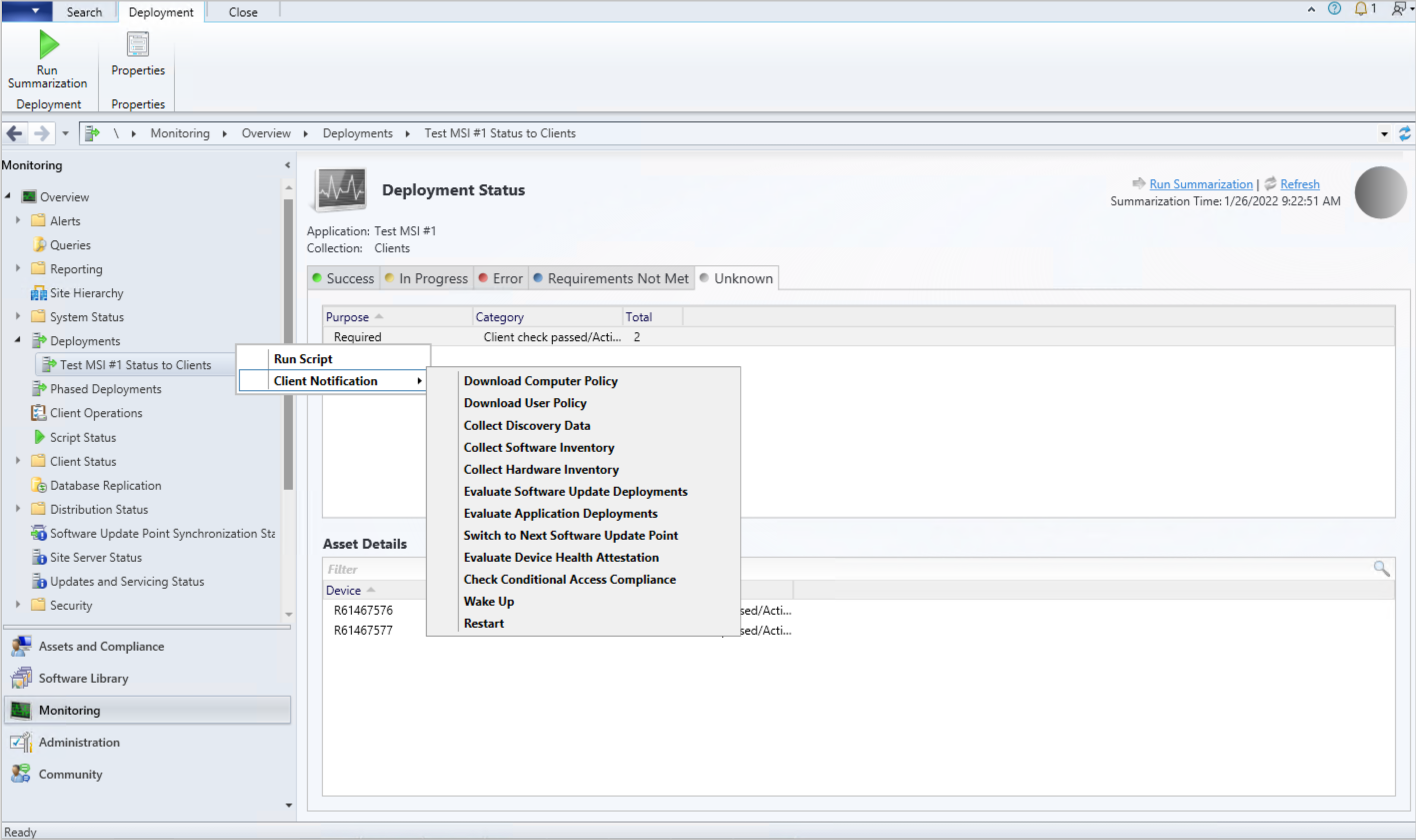 Screenshot of the Deployment Status view showing the client notification actions. 
