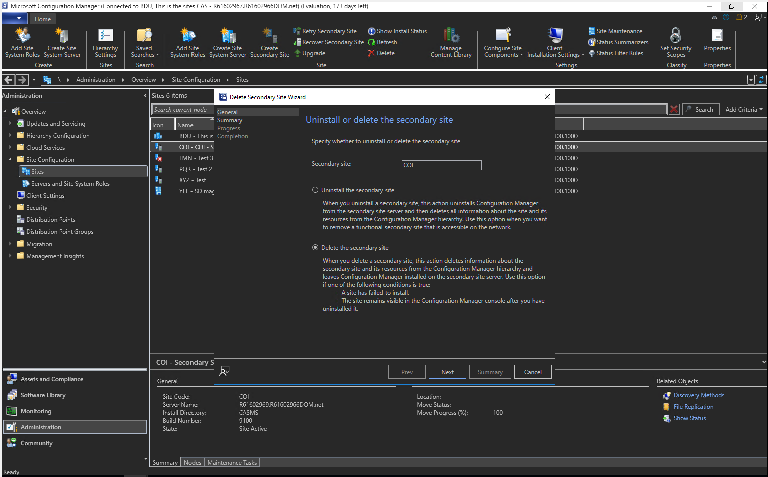 Screenshot of dark theme for the delete secondary site wizard.