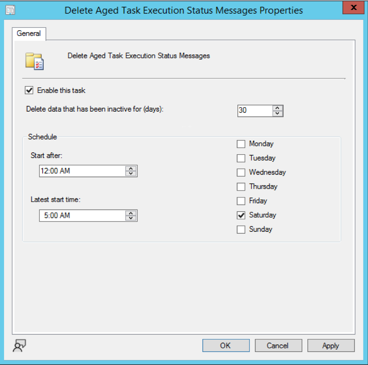 Screenshot of Site Maintenance task “Delete Aged Task Execution Status Messages”.