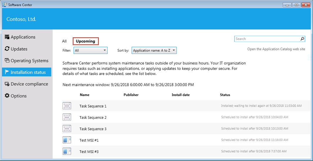 Software Center showing the list of upcoming deployments on the Installation Status tab