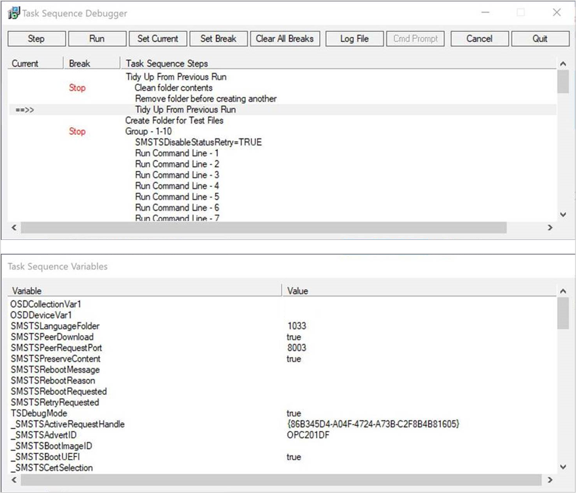 Screenshot of task sequence debugger