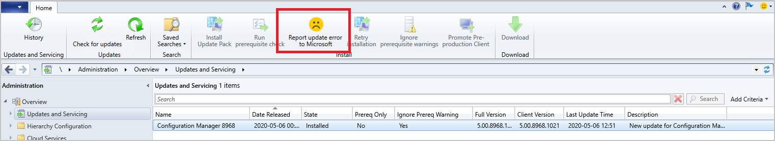 रिबन में Microsoft बटन के लिए अपडेट त्रुटि रिपोर्ट करें।