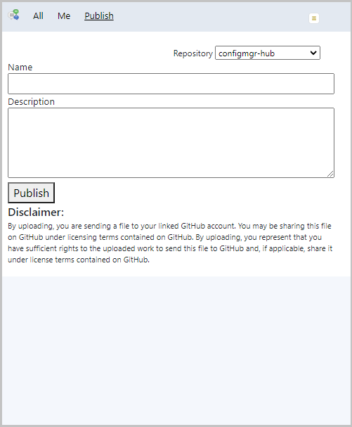 Screenshot of the Community hub window in CMPivot showing the publishing tab
