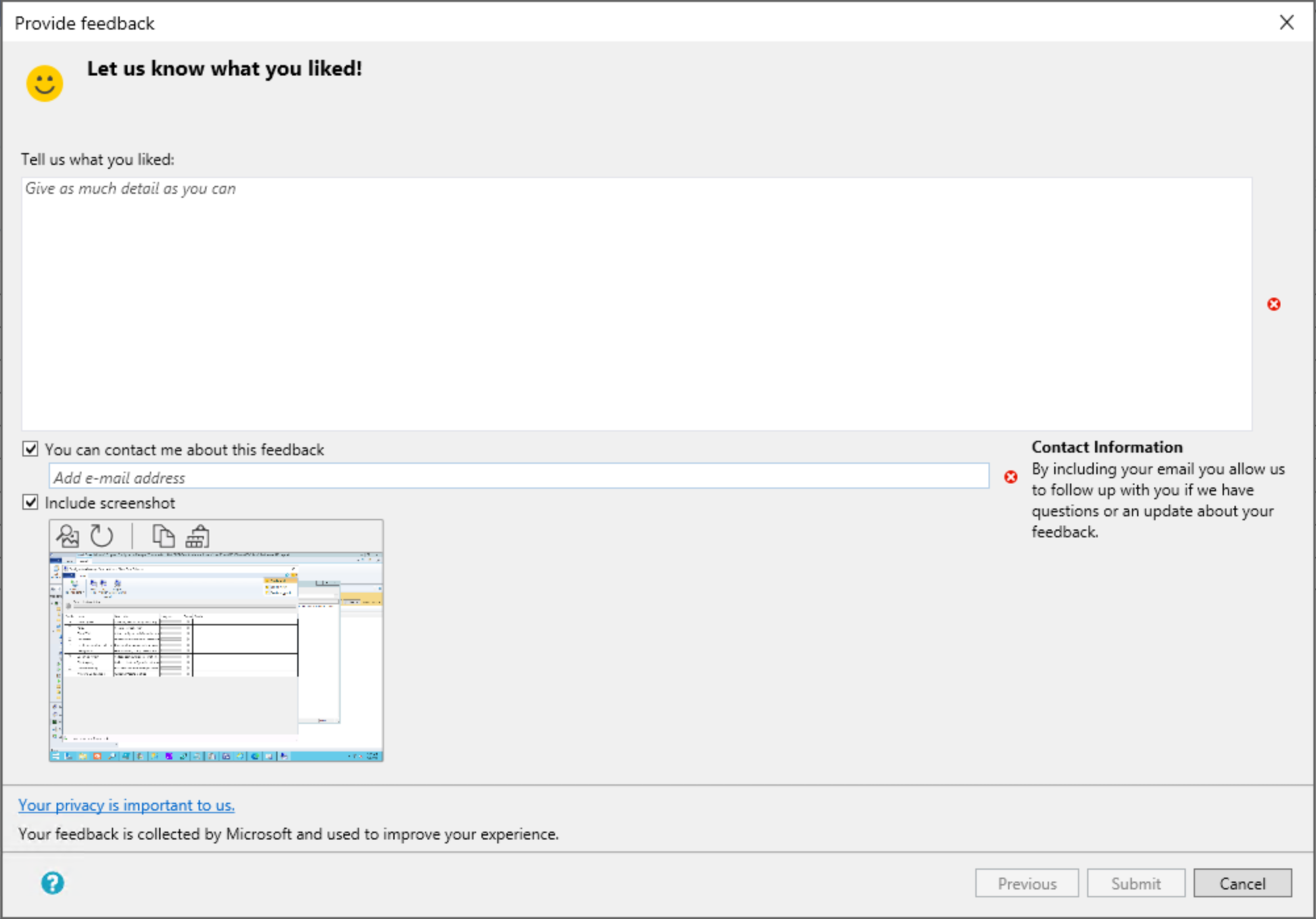 Screenshot of the feedback form in Support Center.