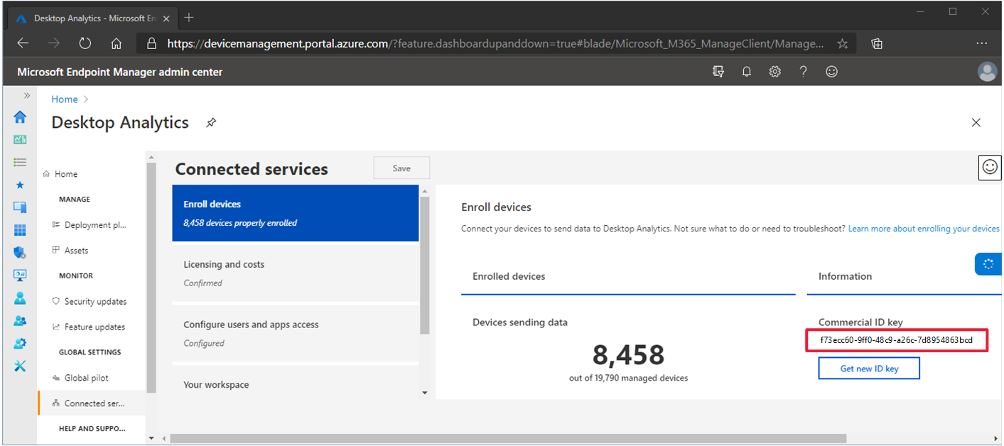 Screenshot of commercial ID in Desktop Analytics portal.