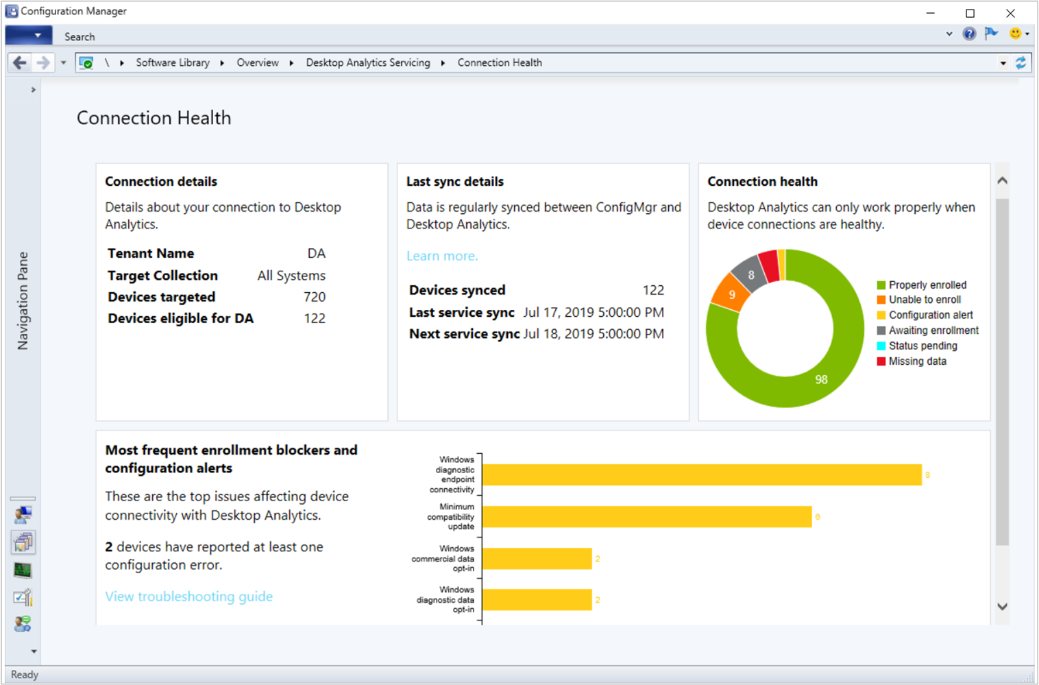 Screenshot of the Configuration Manager Connection Health dashboard.