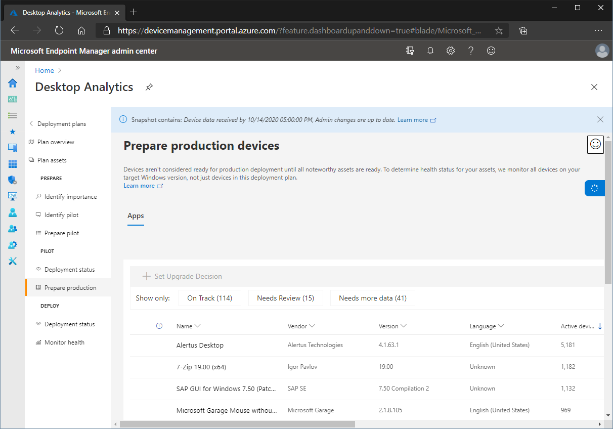 Screenshot of Prepare Production view in Desktop Analytics.
