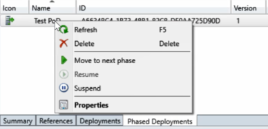 Right-click menu showing actions on a phased deployment.