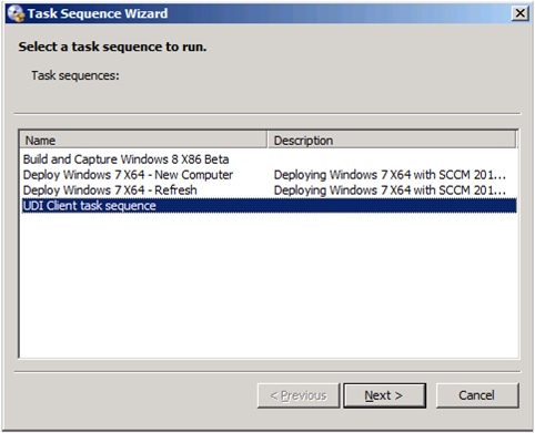 Screenshot of the task sequence selection page of the Task Sequence Wizard.