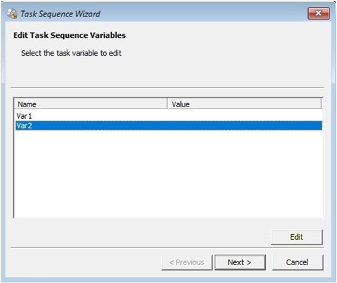 Screenshot of the edit task sequence variables page of the Task Sequence Wizard.