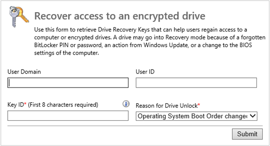 BitLocker administration and monitoring website Driver Recovery page.