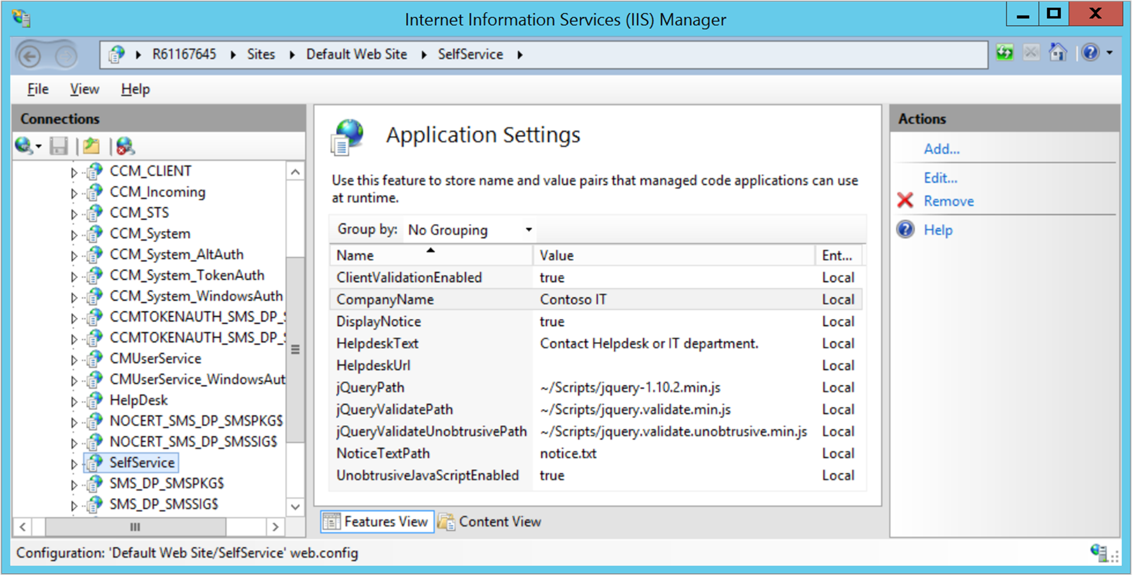 Example screenshot of SelfService application settings in IIS Manager