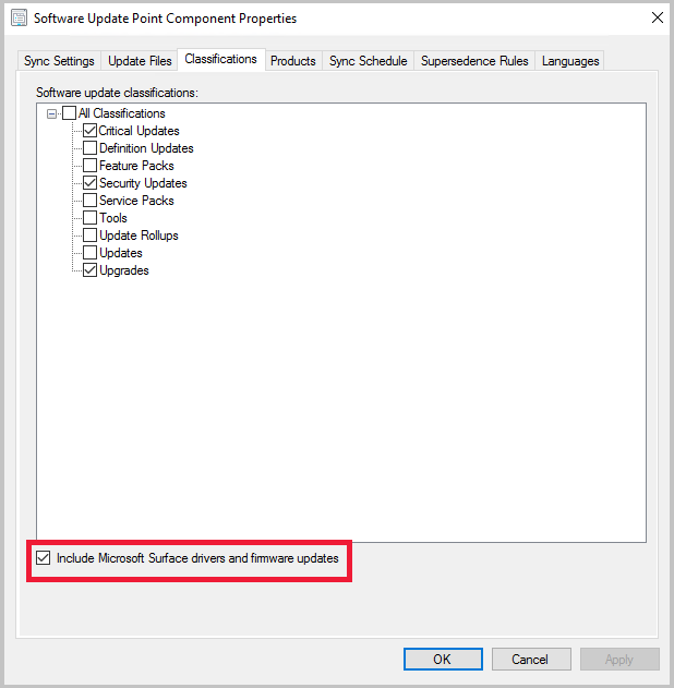 Enable Surface drivers from the software update point properties
