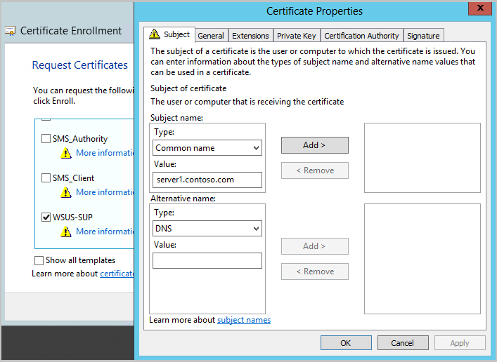 Certificate properties window to specify more information for enrollment