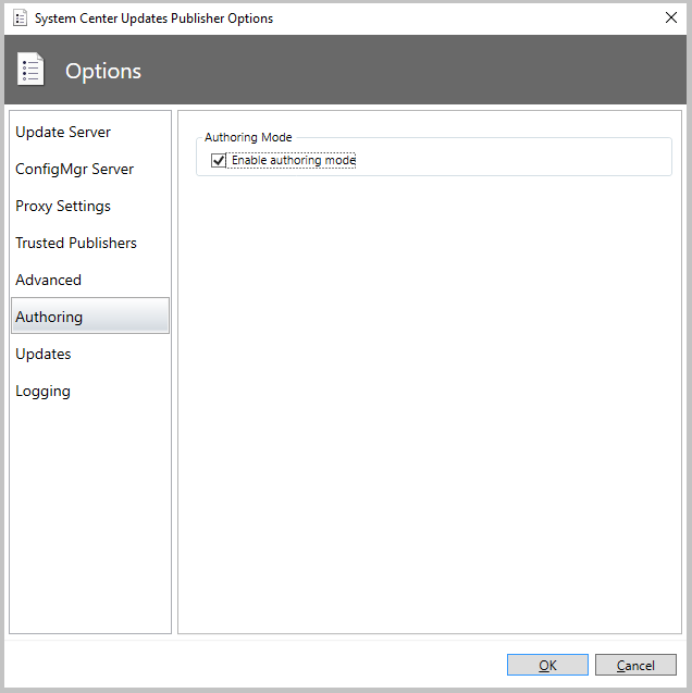 Enable authoring mode for Updates Publisher