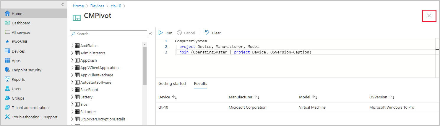 Close CMPivot with the X icon in Microsoft Endpoint Manager admin center