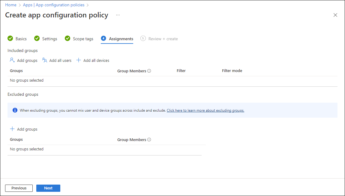 Screenshot of policy assignments - Assignments