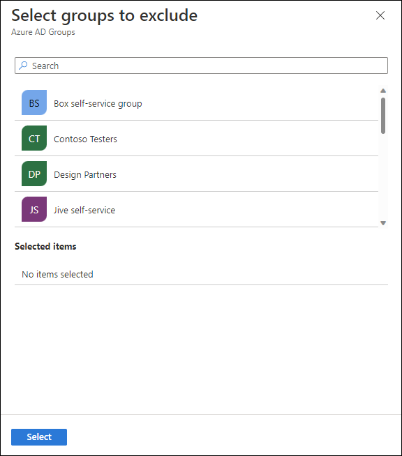 Screenshot of Policy assignments - Select groups to exclude pane