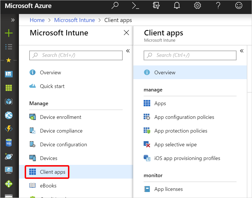 Screenshot of the Intune app protection access actions