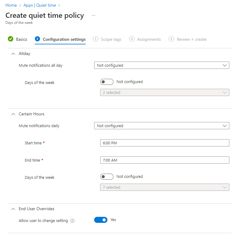 Screenshot of the Microsoft Intune quiet time - Configure days of the week policy