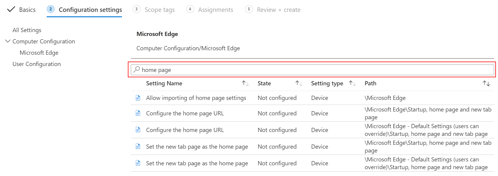 Screenshot of Use the search to filter ADMX settings in Microsoft Intune and Intune admin center.