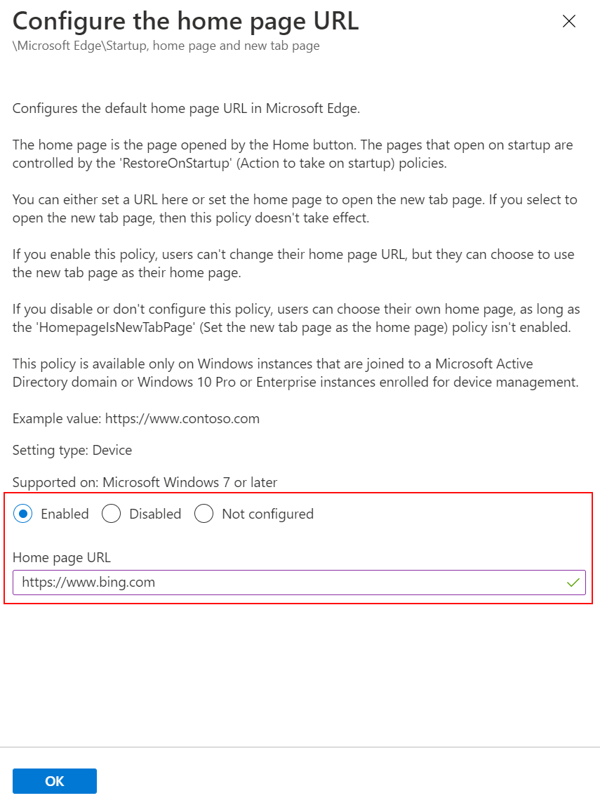 Screenshot of Set the Microsoft Edge home page URL to a web site using ADMX templates in Microsoft Intune and Intune admin center.