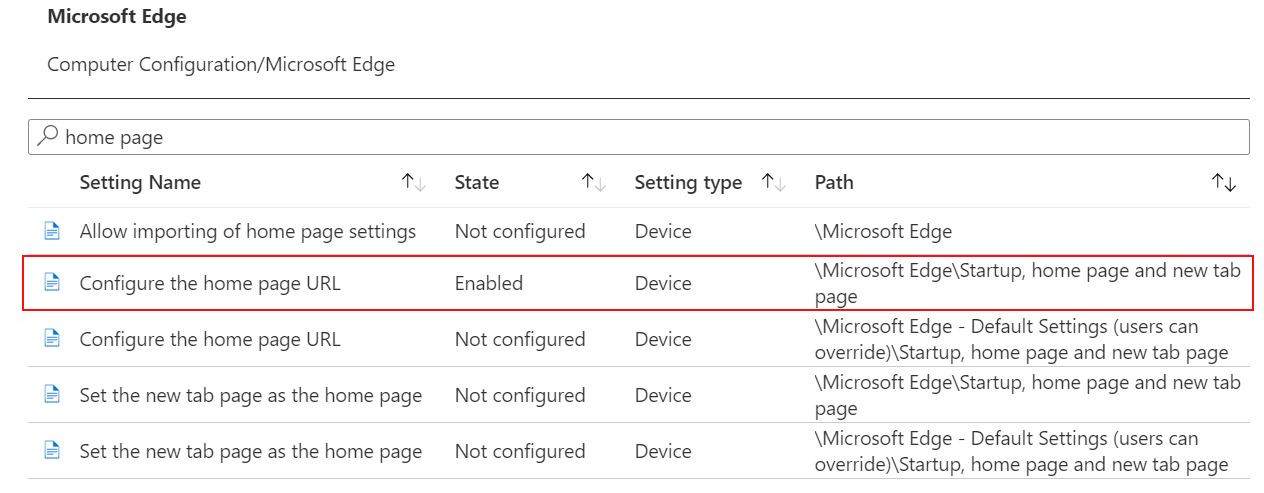 When you configure an ADMX setting, the state shows enabled in Microsoft Intune and Intune admin center.