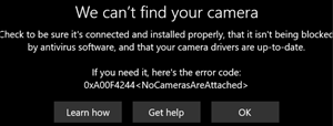 Windows can't find your camera message on a Windows device.