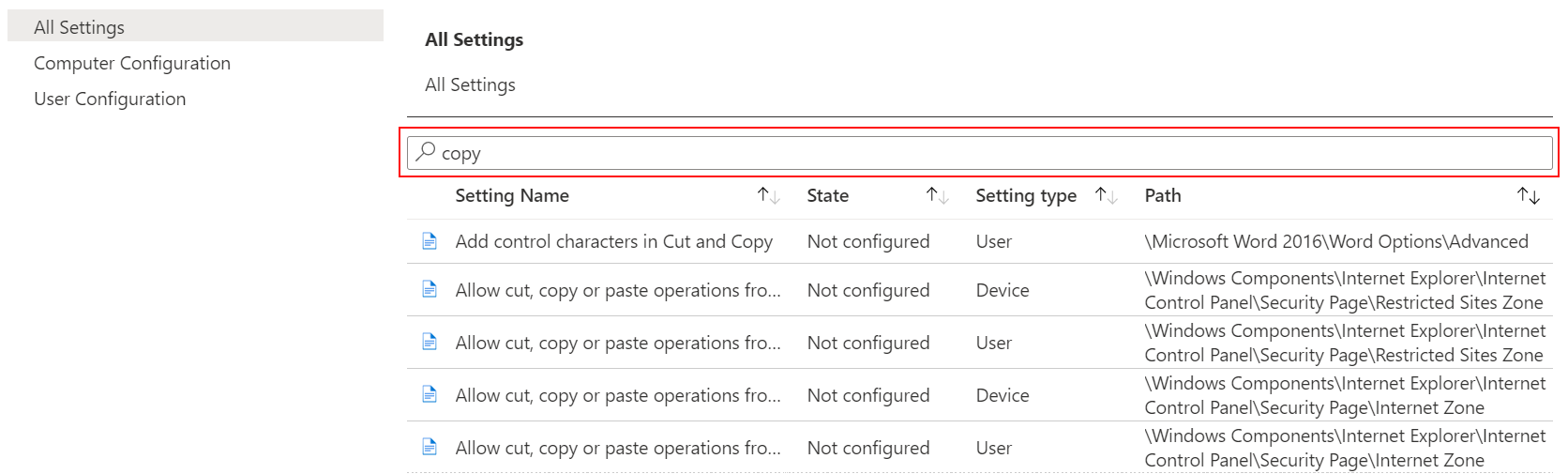 Search for copy to show all the device settings in administrative templates in Microsoft Intune and Endpoint Manager admin center.