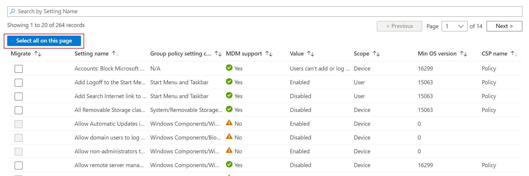 Screenshot that shows how to use the select all on this page button to include all page settings in the Group Policy Analytics migrate feature in Microsoft Intune.