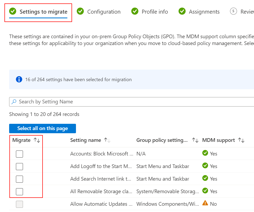 Screenshot that shows the settings to migrate, and how to select the Migrate checkbox in Microsoft Intune.