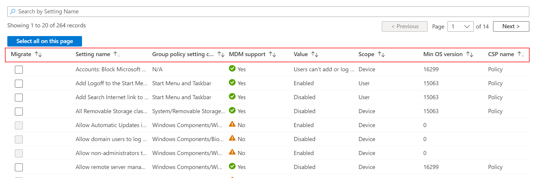 Screenshot that shows how to sort the settings using the Migrate, Setting name, Group policy setting category, MDM support, value, scope, min OS version, and CSP name Group Policy Analytics migrate features in Microsoft Intune.