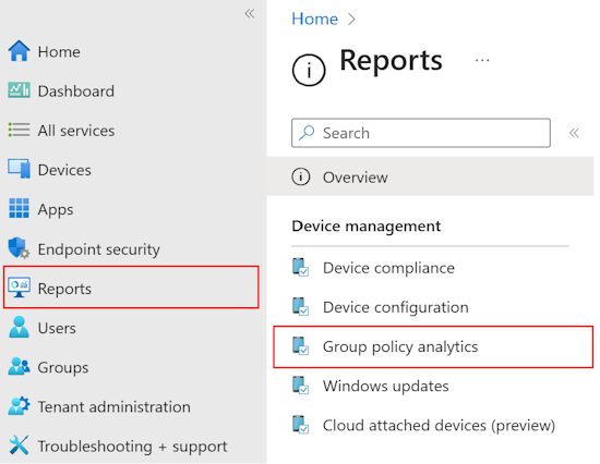 Screenshot that shows how to review the report and output of imported GPOs using Group Policy analytics in Microsoft Intune and Endpoint Manager admin center.