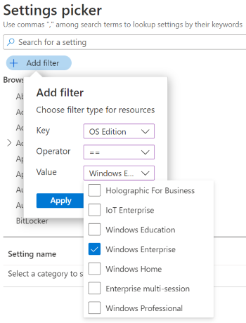 Screenshot that shows the Settings Catalog when you filter the settings list by Windows edition in Microsoft Intune and Endpoint Manager admin center.