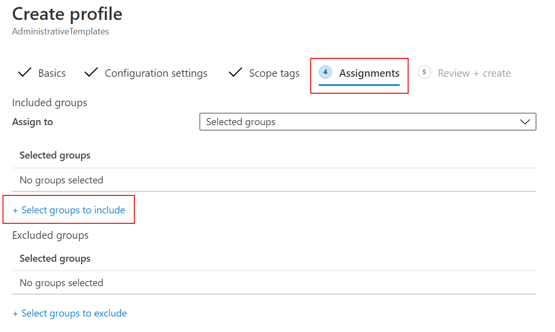 Screenshot that shows how to select your administrative template profile from the Device Configuration profiles list in Microsoft Intune.