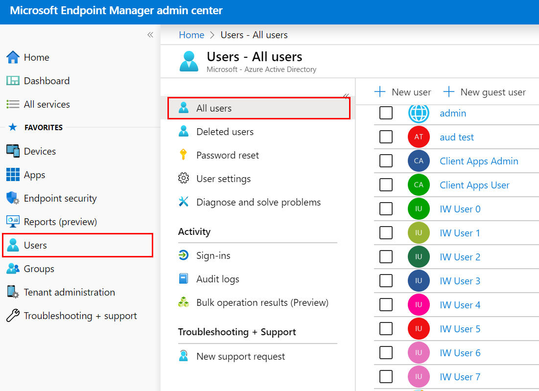 Screenshot that shows how to select Users in Microsoft Intune and the Intune admin center.