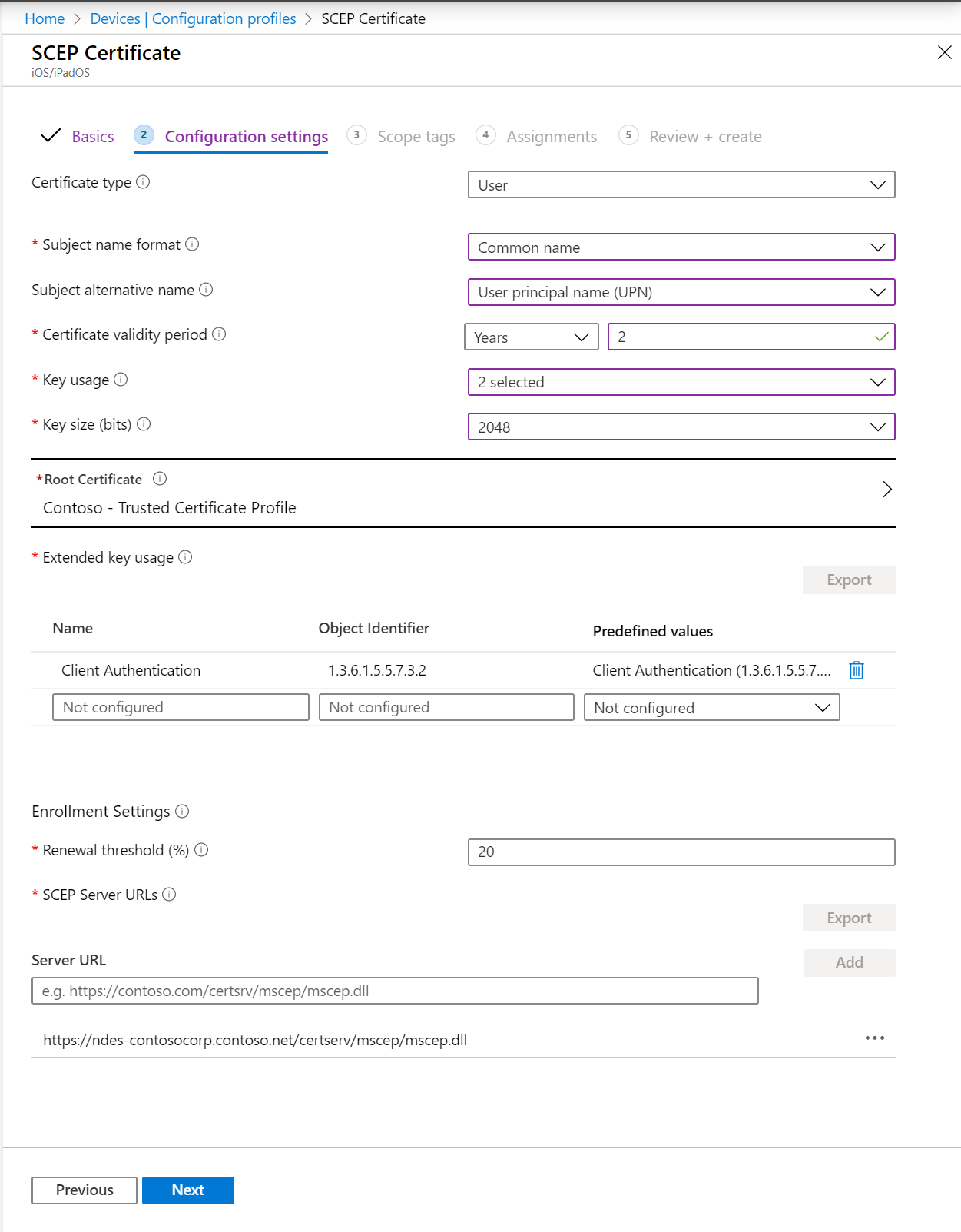 Create a SCEP certificate profile in Microsoft Intune and Endpoint Manager admin center. Include the subject name format, key usage, extended key usage, and more.