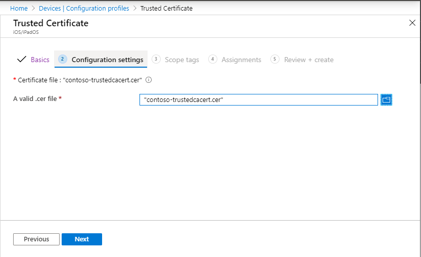 Create a trusted certificate profile for iOS/iPadOS devices in Microsoft Intune and Endpoint Manager admin center.