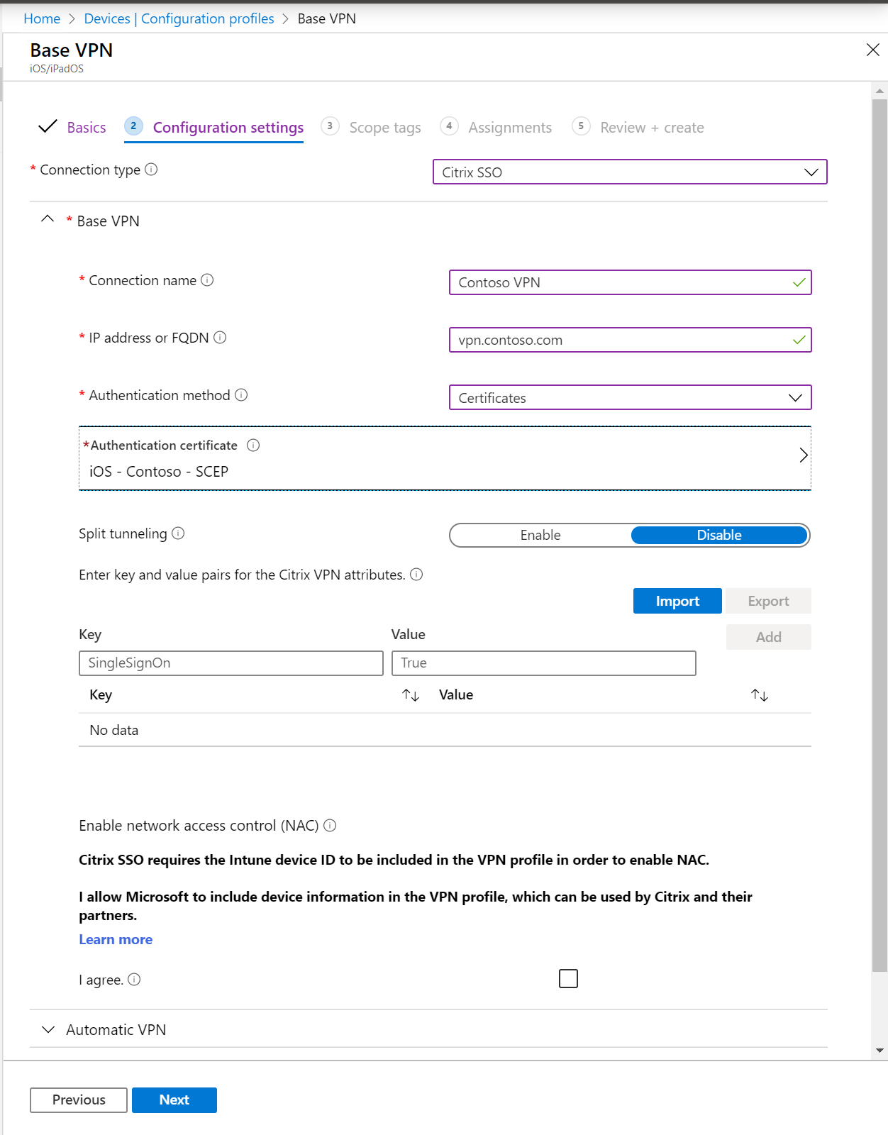 In a per-app VPN profile, enter a connection, IP address or FQDN, authentication method, and split tunneling in Microsoft Intune and Intune admin center.