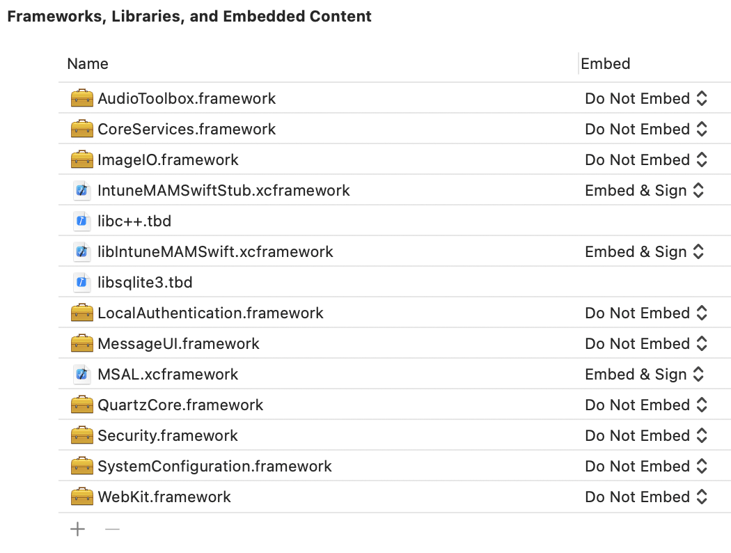 Screenshot of the Intune App SDK iOS Static Library: Xcode Frameworks, Libraries, and Embedded Content sample.