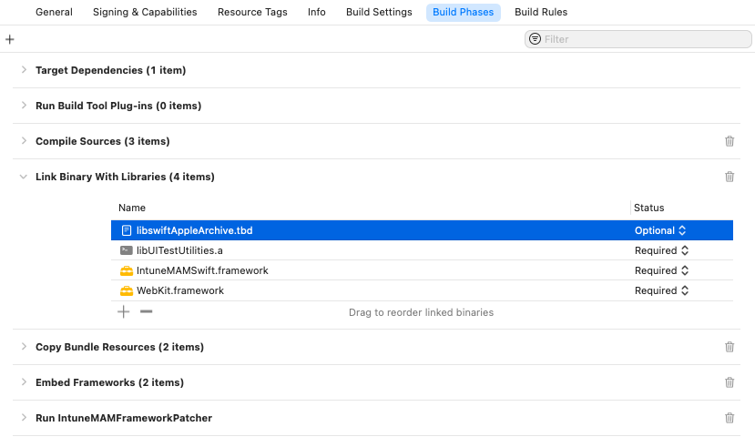 Screenshot of the Intune App SDK iOS Static Library: Weak linking Apple Archive sample.