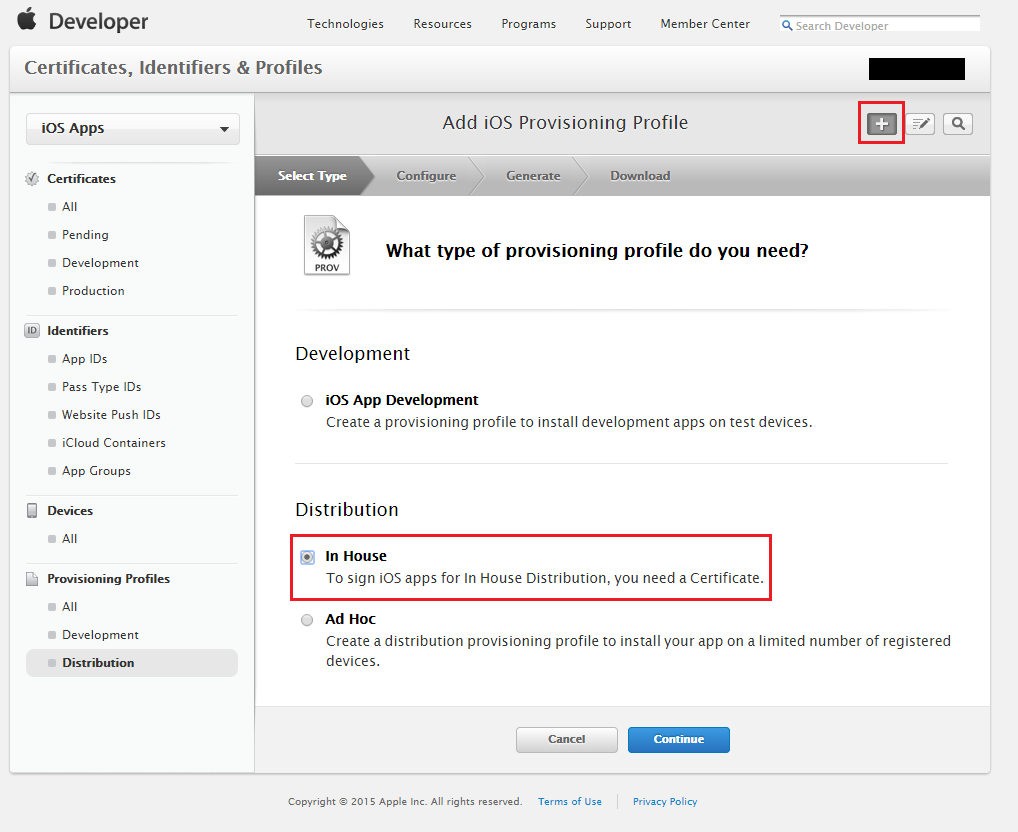 Select In House provisioning profile
