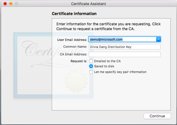 Enter information for the certificate that you are requesting