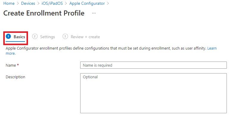 Screenshot of the create enrollment profile pane with the Basics tab selected.