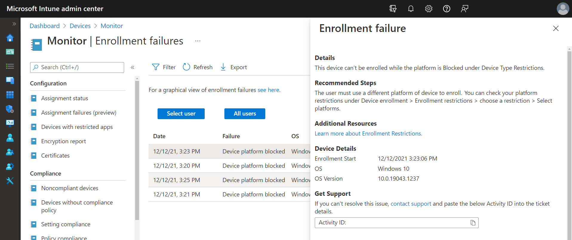 Example image of the enrollment failures report, showing the enrollment failure details for a selected row.