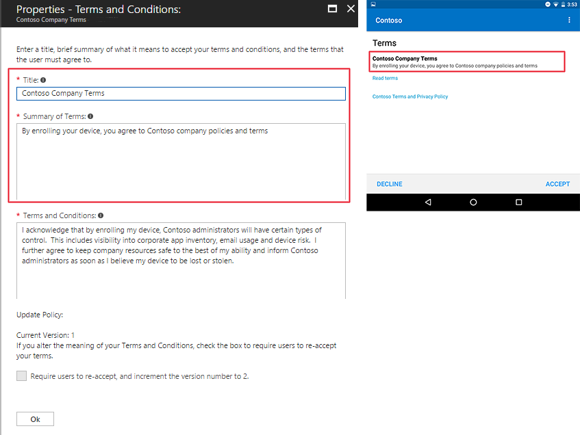 Example image of the drafted terms in the Intune and then what it looks like in Company Portal.