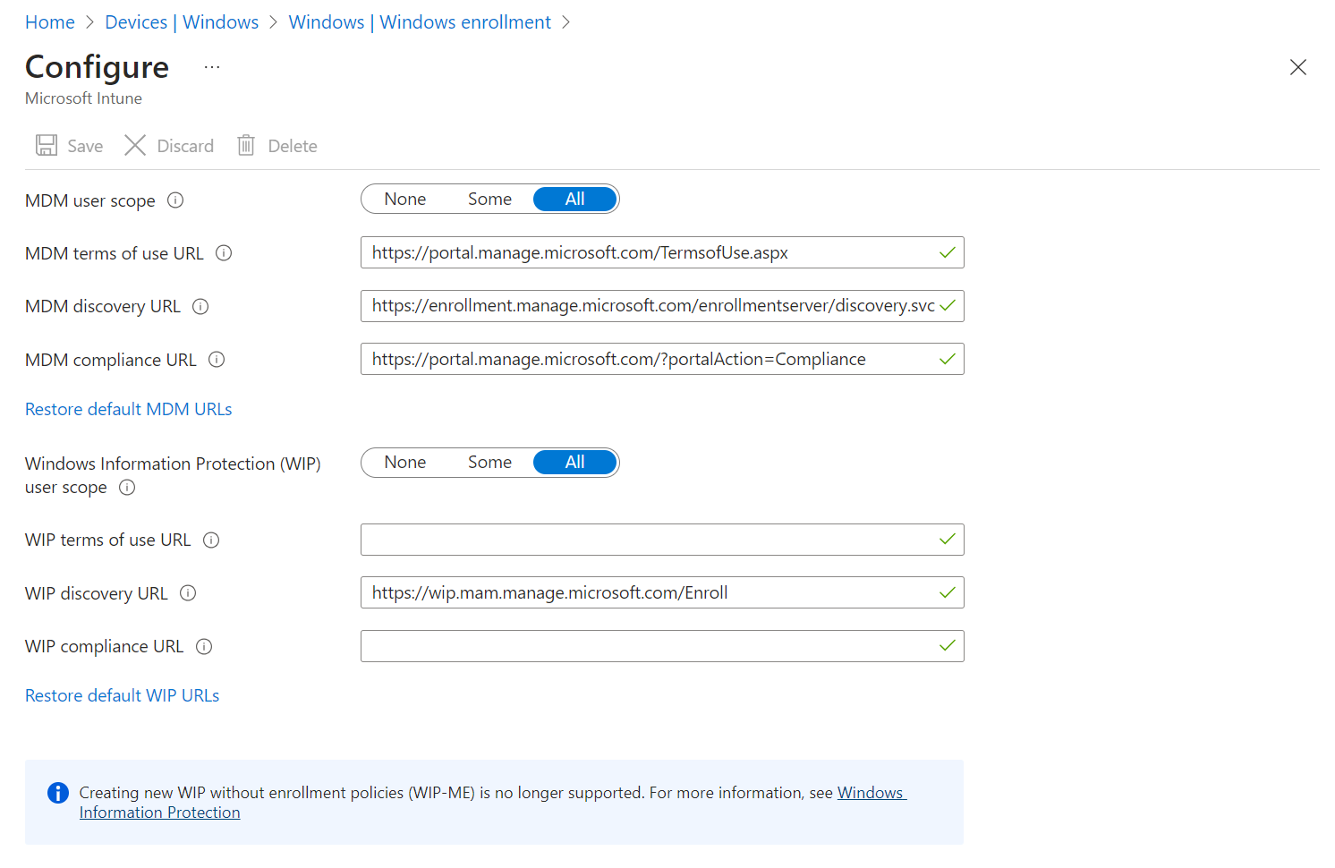 Screenshot shows the Azure portal, where you can configure M D M User scope.